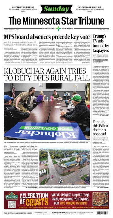 Πρωτοσέλιδο Star Tribune - Δευτέρα, 5 Οκτωβρίου 2026