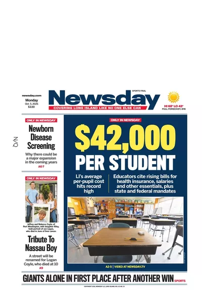 Πρωτοσέλιδο Newsday - Τρίτη, 6 Οκτωβρίου 2026