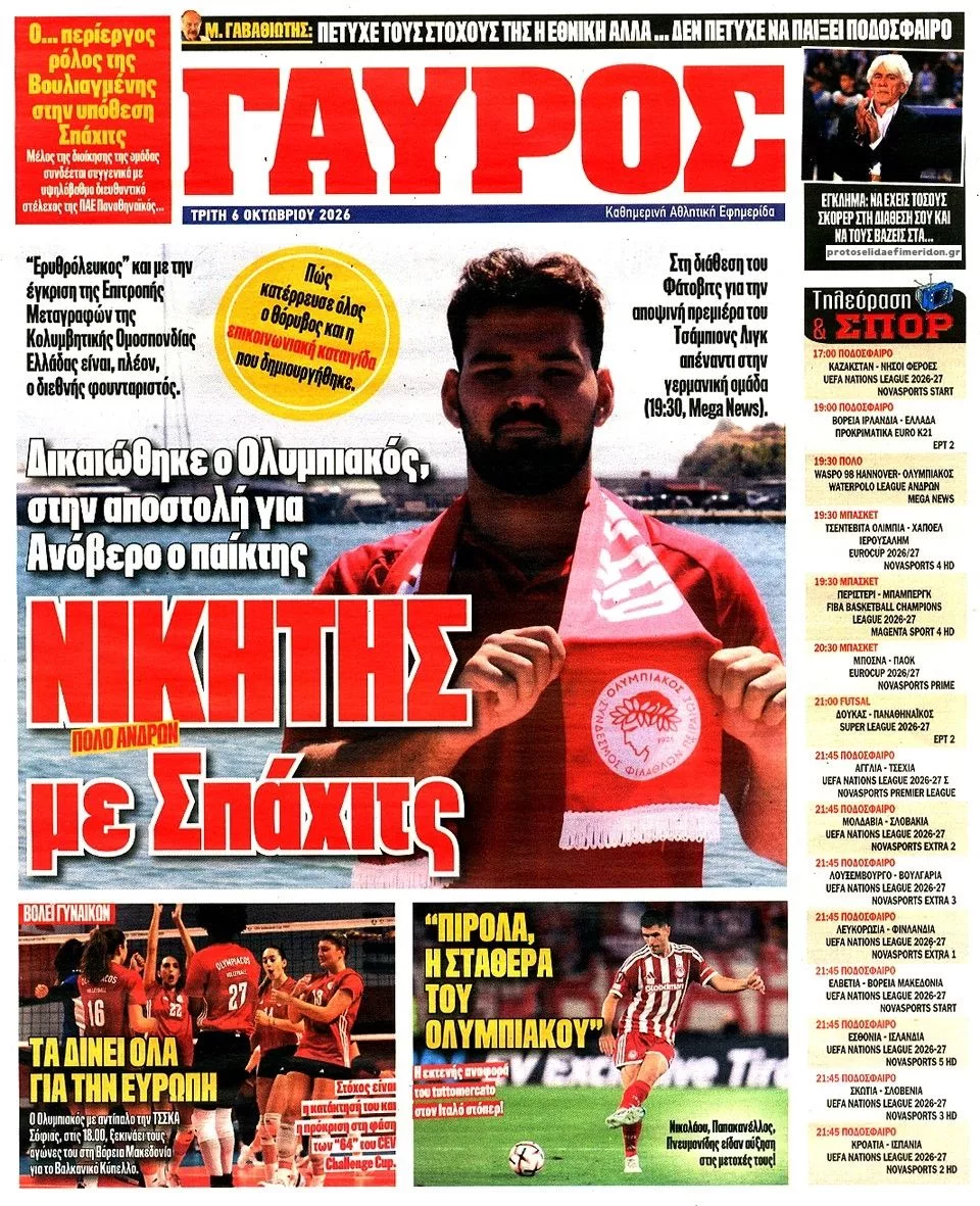 Πρωτοσέλιδο Πρωταθλητής - Τετάρτη, 7 Οκτωβρίου 2026