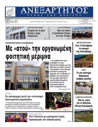 Πρωτοσέλιδο Ανεξάρτητος Ηπείρου - Πέμπτη, 8 Οκτωβρίου 2026