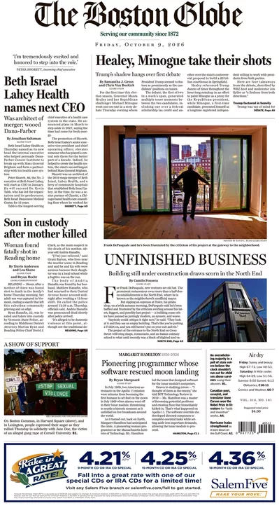 Πρωτοσέλιδο The Boston Globe - Σάββατο, 10 Οκτωβρίου 2026