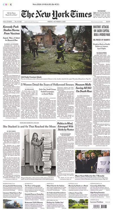 Πρωτοσέλιδο The New York Times - Σάββατο, 10 Οκτωβρίου 2026