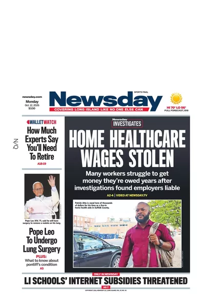 Πρωτοσέλιδο Newsday - Τρίτη, 13 Οκτωβρίου 2026