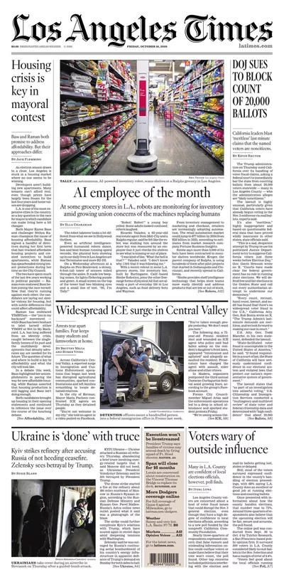 Πρωτοσέλιδο Los Angeles Times - Σάββατο, 17 Οκτωβρίου 2026