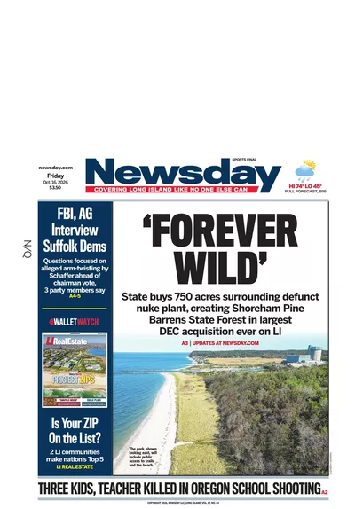 Πρωτοσέλιδο Newsday - Σάββατο, 17 Οκτωβρίου 2026