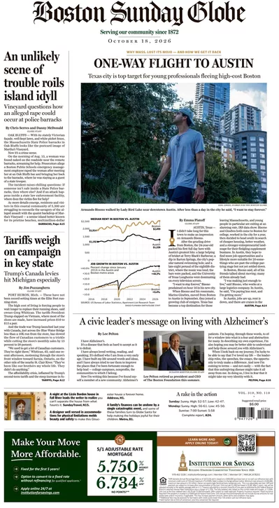 Πρωτοσέλιδο The Boston Globe - Δευτέρα, 19 Οκτωβρίου 2026