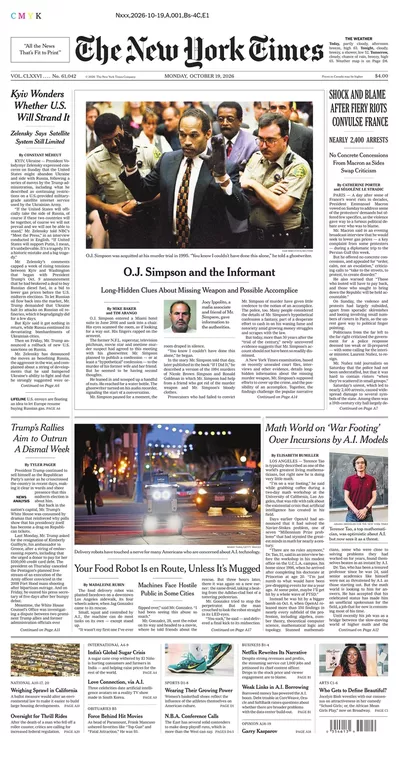 Πρωτοσέλιδο The New York Times - Τρίτη, 20 Οκτωβρίου 2026