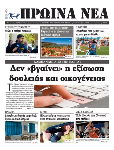 Πρωτοσέλιδο Πρωινά Νέα Ιωαννίνων - Τετάρτη, 21 Οκτωβρίου 2026