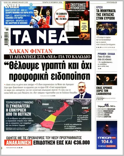 Πρωτοσέλιδο Τα Νέα - Πέμπτη, 22 Οκτωβρίου 2026