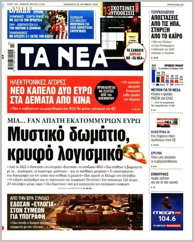 Πρωτοσέλιδο Τα Νέα - Παρασκευή, 23 Οκτωβρίου 2026