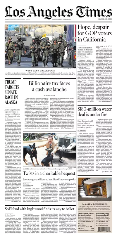 Πρωτοσέλιδο Los Angeles Times - Κυριακή, 25 Οκτωβρίου 2026