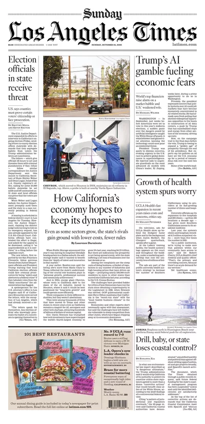 Πρωτοσέλιδο Los Angeles Times - Δευτέρα, 26 Οκτωβρίου 2026