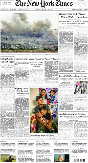 Πρωτοσέλιδο The New York Times - Δευτέρα, 26 Οκτωβρίου 2026