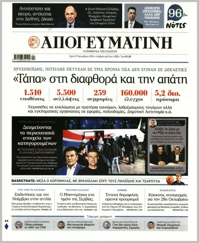 Πρωτοσέλιδο Απογευματινή - Τρίτη, 27 Οκτωβρίου 2026