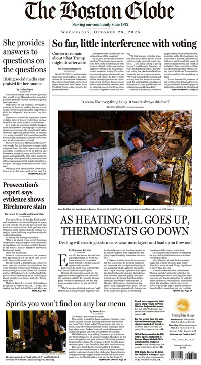 Πρωτοσέλιδο The Boston Globe - Πέμπτη, 29 Οκτωβρίου 2026