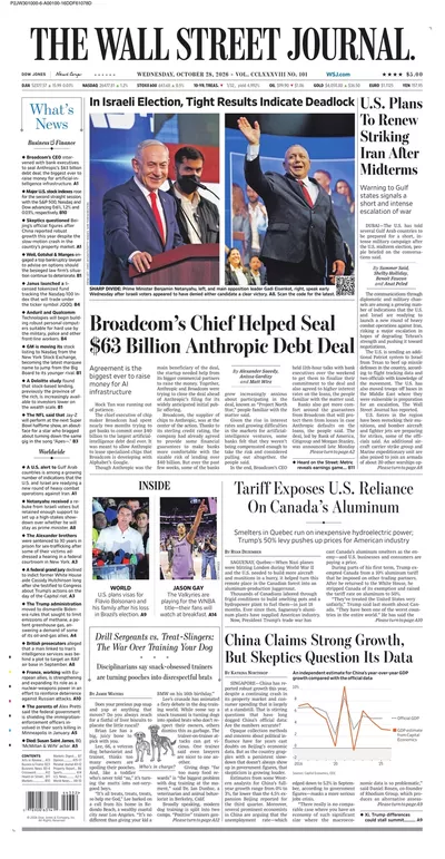 Πρωτοσέλιδο The Wall Street Journal - Πέμπτη, 29 Οκτωβρίου 2026