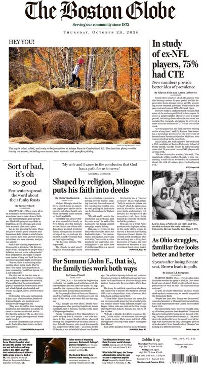 Πρωτοσέλιδο The Boston Globe - Παρασκευή, 30 Οκτωβρίου 2026
