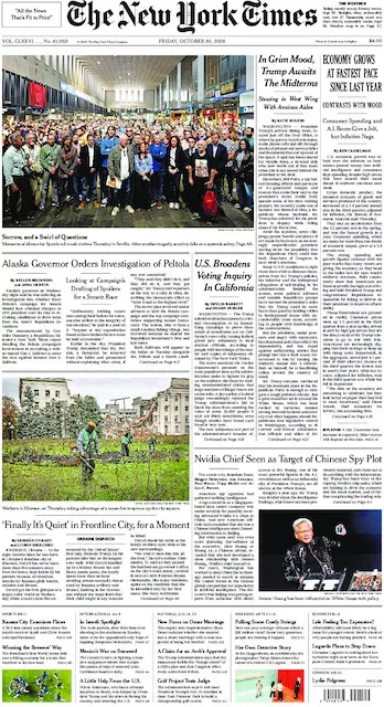 Πρωτοσέλιδο The New York Times - Παρασκευή, 30 Οκτωβρίου 2026