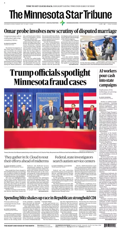 Πρωτοσέλιδο Star Tribune - Σάββατο, 31 Οκτωβρίου 2026